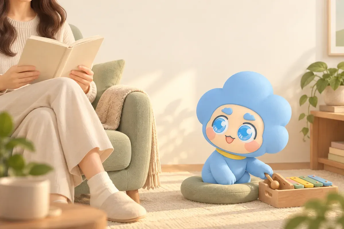 Yunbao stays quietly beside someone reading